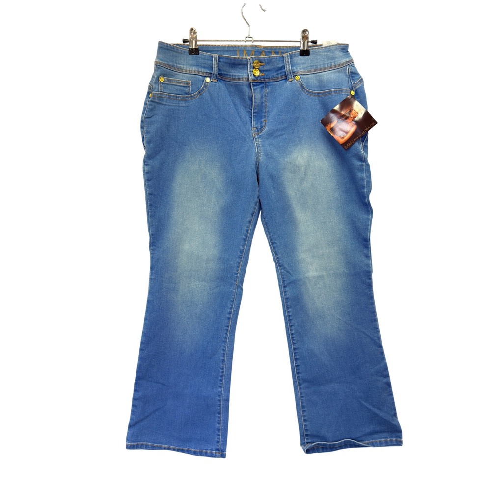 IMAN Global Chic 360 Slimming Bootcut Jeans Medium Wash Blue Gold Hardware 16P